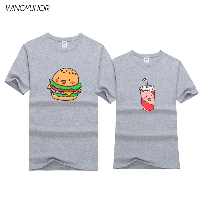 Hamburguesa Bebidas Impreso T-shirt de la Mujer para Hombre Verano de Manga Corta T Camisa de Algodón Par de Coincidencia de los Amantes Divertido Unisex T-shirt 2