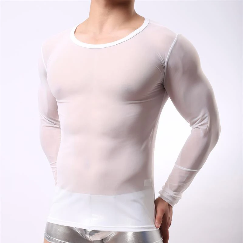 Hombres Sexy Malla de Manga Larga con Camisa Tramo de camiseta de Deporte de Jogging, Gimnasio Licra Ropa Transpirable camiseta interior 2