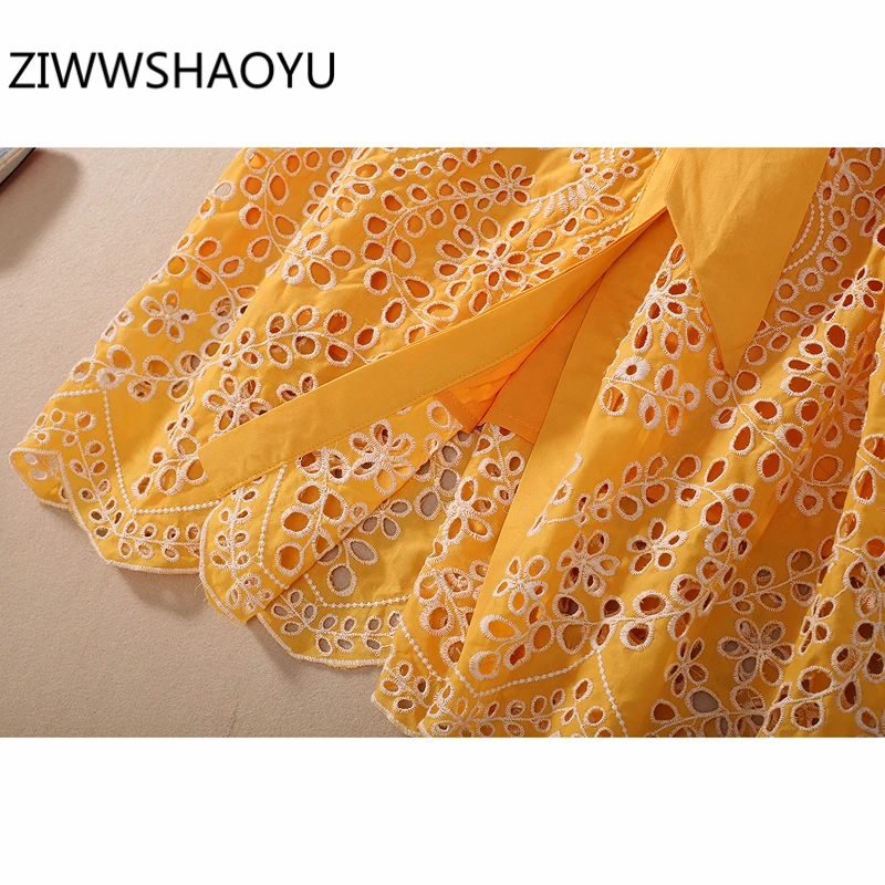 ZIWWSHAOYU las Mujeres de Verano Amarillo V-Cuello estilo Boho Vacaciones de Mini Vestidos de Diseñador de las Señoras de Arco Cinturón Hueco Bordado de Algodón Dressss 2