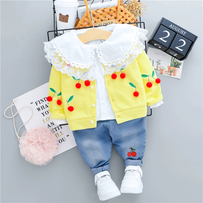 HYLKIDHUOSE de las Niñas de Bebé Conjuntos de Ropa 2020 Otoño de Encaje Cereza Capas de la Camisa de los pantalones Vaqueros Bebé Recién nacido Ropa de Niños Ropa Casual 2