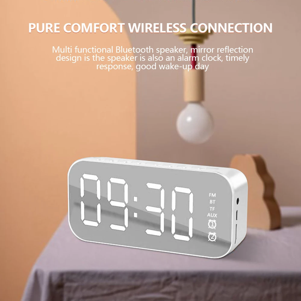 Espejo Reloj despertador LED Reloj Digital Inalámbrico Bluetooth Altavoz Reproductor de Música Snooze Relojes de Mesa Con la Radio de FM Mini Tarjeta del TF 2