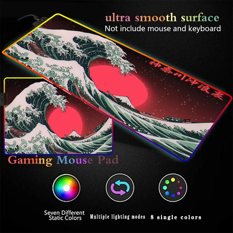Japón Arte de la Gran Ola RGB Gaming Mousepad 14 Colores de Gran Iluminación LED Cojín de Ratón de Escritorio de la Almohadilla de Goma del Teclado Mat Varios Tamaños de BRICOLAJE 2