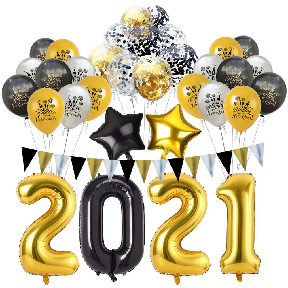 34Pcs/Set dorado y Negro, globos de Látex Feliz Año Nuevo 2021 Balón de Año Nuevo, Víspera de la Fiesta de las Vacaciones de la Fiesta de Navidad de la Decoración de Suministros 2