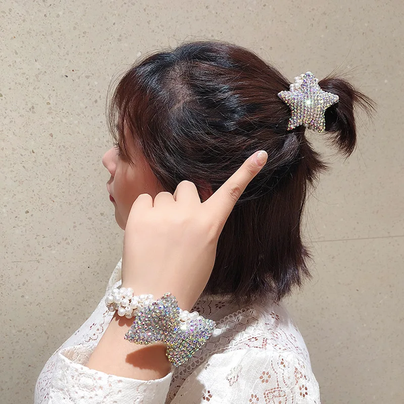 Chicas de moda accesorios para el cabello rústico Brillante estrella de mar con cuentas de perlas diadema banda de goma elástica de pelo bandas 2