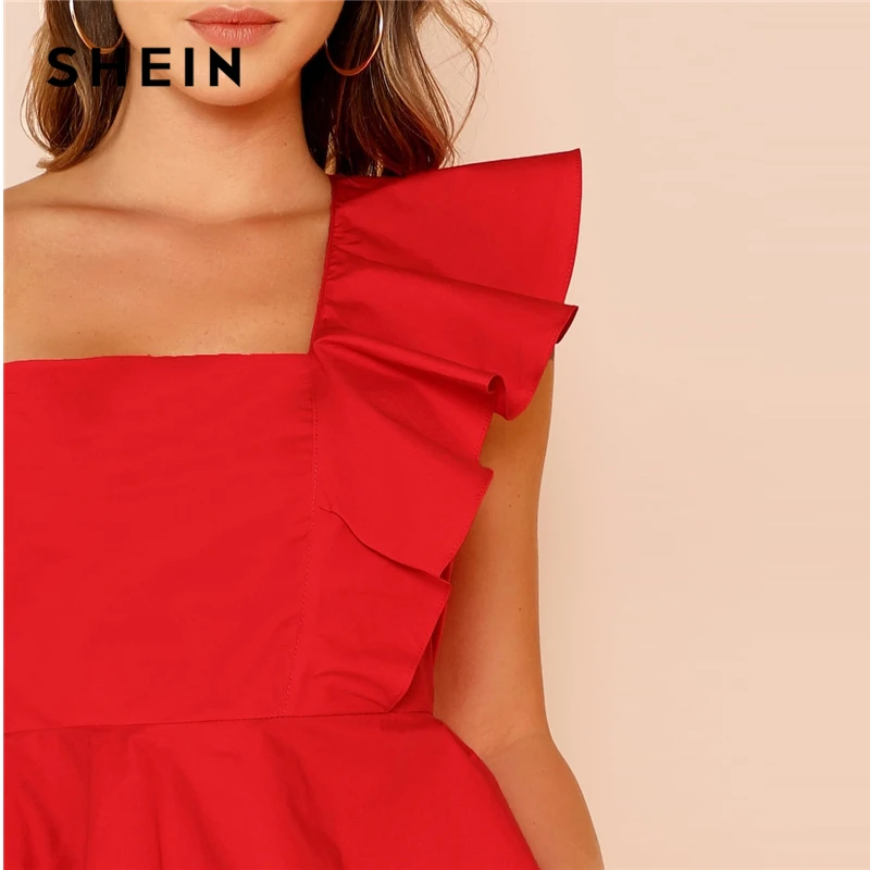 SHEIN Glamour Rojo de la Colmena de Recortar Un Hombro Peplum Slim Fit Peplum en la Llanura de la Tapa Superior de la Manga de la Blusa de las Mujeres de la Primavera Elegantes Blusas 2