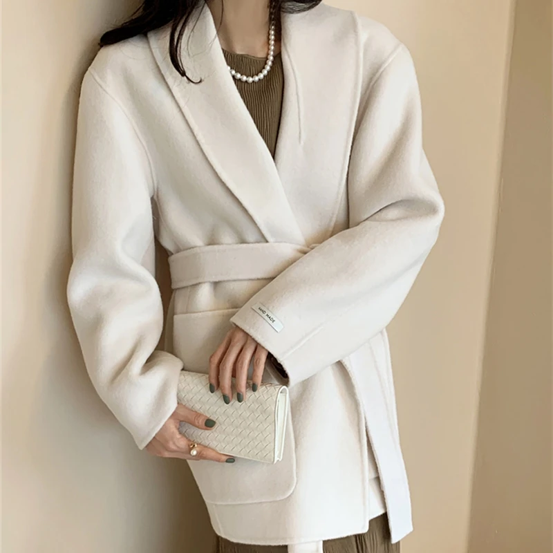 La mujer, Abrigos de Lana Otoño Invierno Minimalista V-cuello Recto Cinturón de Mujeres Abrigo coreano Elegancia Simple OL Mujer Abrigo Tops 2