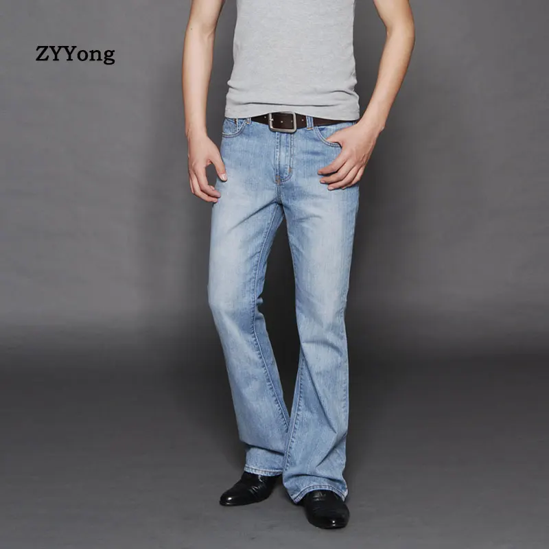 2020 Nueva Luz Azul para Hombre Gran Quemado Jeans Boot Cut de la Pierna de los Pantalones Sueltos Macho Diseñador Clásico Denim Jeans de Campana Inferior de los pantalones Vaqueros para Mí 2