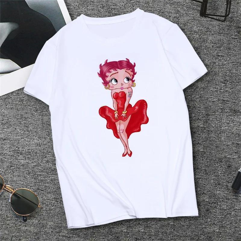 Las mujeres de la camiseta Blanca de Betty Boop de Impresión Verano Casual O-la parte Superior del cuello de la Hembra de la Camiseta de Harajuku Streetwear Más el Tamaño de Ropa de Mujer T-Shirt 2