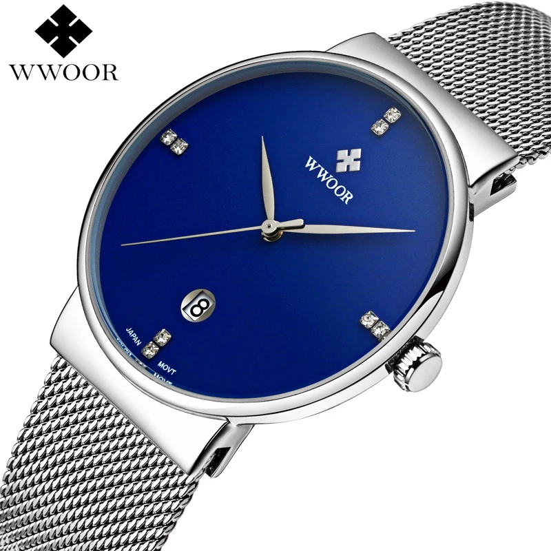 Los hombres Relojes de 2020 Marca de Lujo WWOOR de Fecha Automática Delgado Reloj de Cuarzo de los Hombres de Plata Azul de Malla de Acero Deporte Impermeable Masculino reloj de Pulsera 2