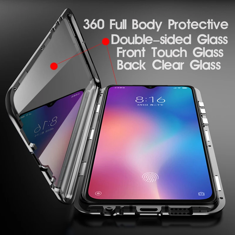 Doble Cara Magnética caja de Metal para Xiaomi Mi 9 SE CC9 A2 A3 Lite POCO F1 9T Cubierta de Vidrio Para Redmi K20 Nota 8 7 10 Pro 8A Caso 2