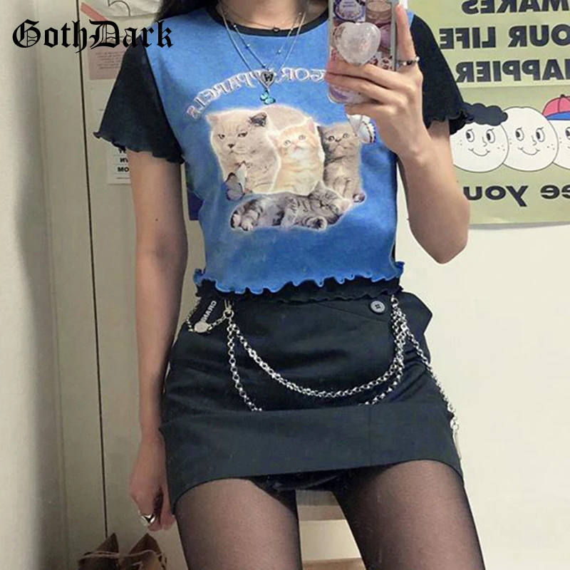 Goth Oscuro Harajuku Estética coreana Mujer T-camisa de Verano de 2020 Gráfico Kawaii Imprimir E-chica Linda Bodycon Volantes Mujeres Crop Tops 2