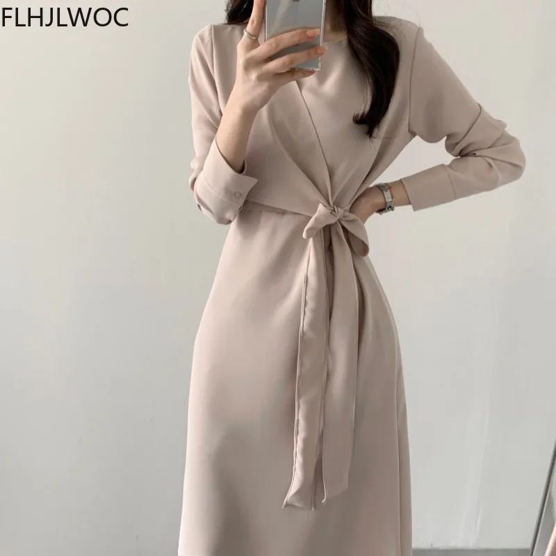 Chic Corea Fenimine Vestidos De Las Mujeres De La Moda De Encaje-Hasta El Moño Elegante Señora De La Oficina Largo Vestido Vintage 2