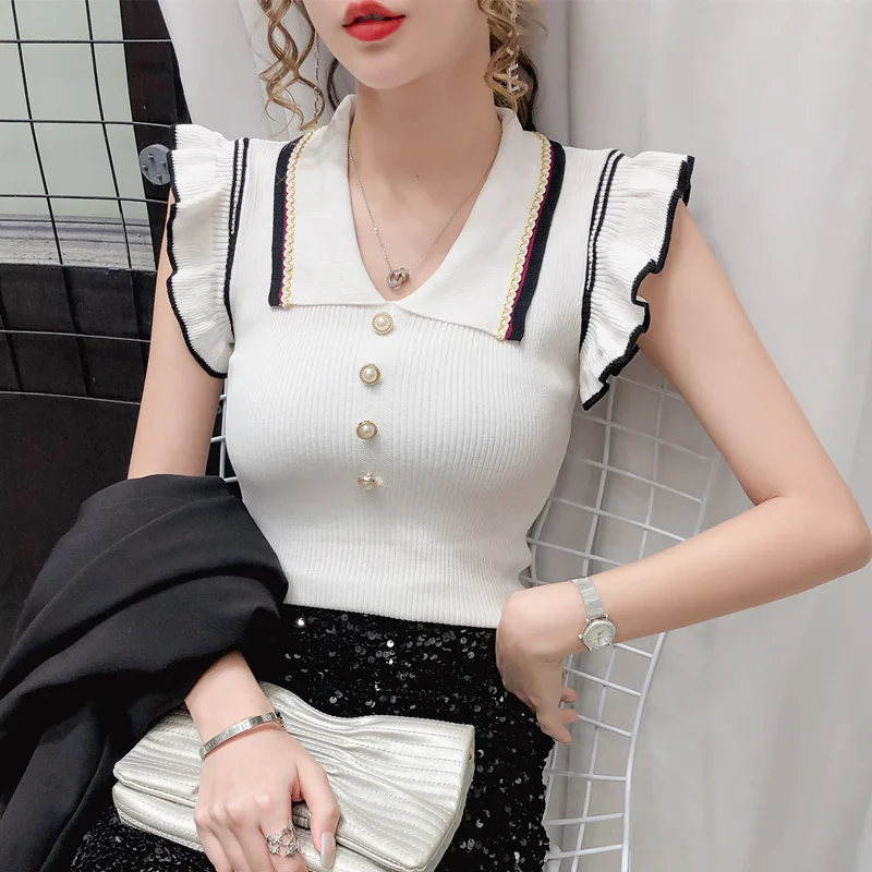 De verano de Estilo coreano de punto T-shirt de Moda Sexy Botón de las Mujeres Tops Ropa Mujer Volantes sin Mangas Slim Todos Coinciden Tes 2020 T08109L 2