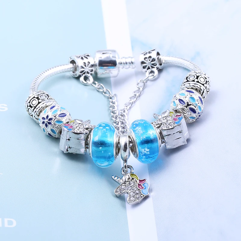 2021 Nueva Linda Cristal Azul Unicornio Encanto Pulsera de Plata de Color de Perlas Luminosas Pulseras para Mujer Chica Joyería de Moda de Regalo 2