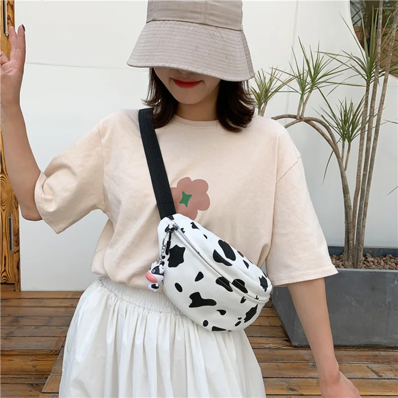 Corea 2020 de la Leche de Vaca de Impresión de las Mujeres de Lona correa Crossbody Bolsa Japonesa Harajuku Girl Lindo Pecho Bolsas de Cintura Cinturón de Mujeres Fanny Pack 2