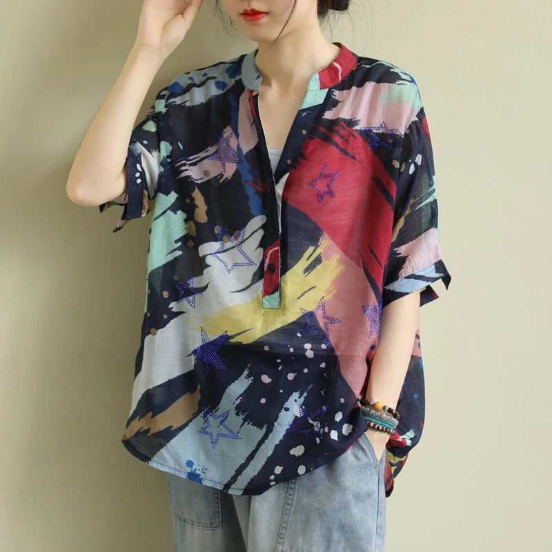 2020 de Artes de Verano de Estilo de las Mujeres de Manga Corta Floja V-cuello de Camisas de la Impresión del Vintage de Algodón Casual Blusas Plus Tamaño de la Femme Blusas M87 2