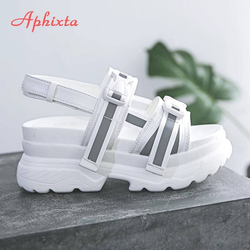 Aphixta 8cm Plataforma Sandalias de Cuña de las Mujeres zapatos de Tacón Alto de los Zapatos de las Mujeres de la Hebilla Brillante Lienzo de Verano Zapatos Mujer Zapatillas de Mujer Sandalias 2