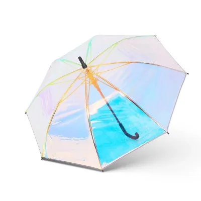Plástico PVC Holográfica Paraguas de la Moda de Lluvia Sombrilla de Largo Mango de Paraguas Transparente 2