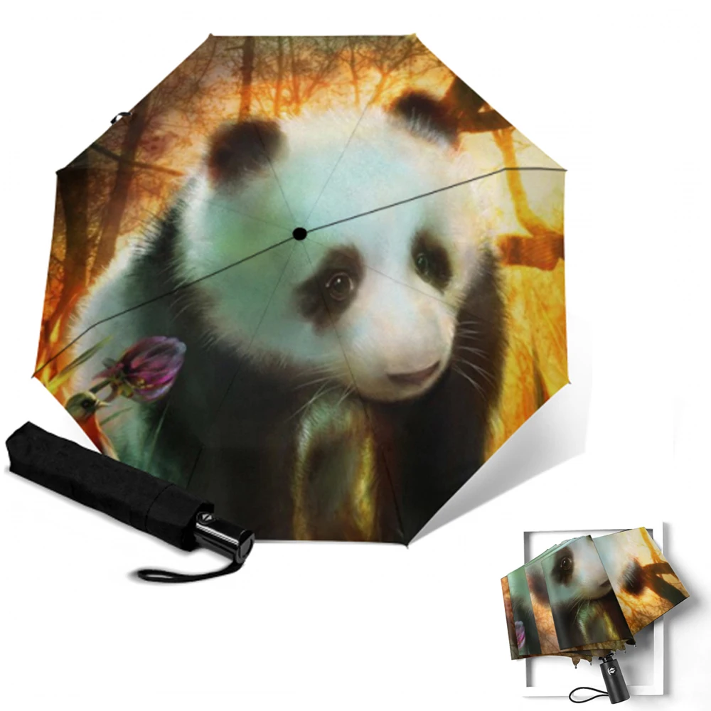 Completo Automática de las Mujeres de la Lluvia Paraguas Plegable 3 Mujeres Paraguas Panda de Animal print Anti-UV Protección del Sol Paraguas Impermeable 2