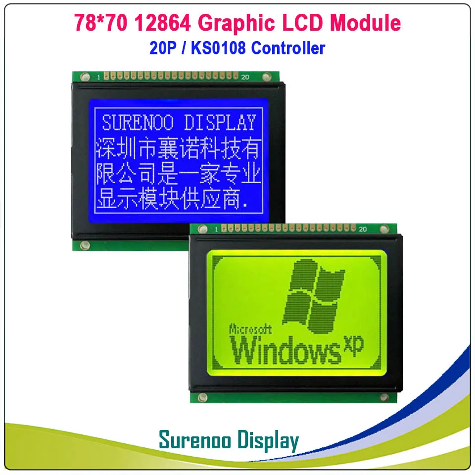 78X70MM 12864 Gráfico de la Matriz Módulo del LCD de la Pantalla de Visualización de construir-en el Controlador KS0108 Amarillo Verde Azul LCD con Retroiluminación LED 2