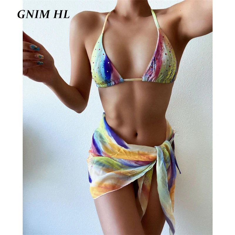GNIM Sexy Triángulo de Tres Piezas Bikini Set 2020 Verano Vendaje de diamantes de Imitación de Traje de baño de las Mujeres ropa de playa Micro Tanga de trajes de baño Biquini 2