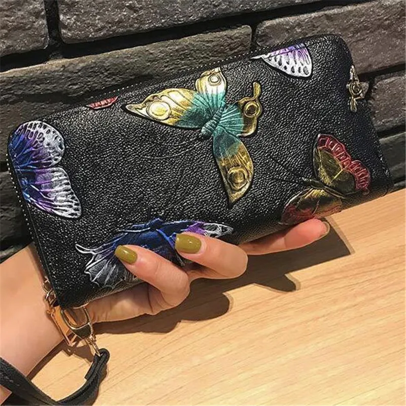 Las mujeres carteras de cuero de la pu bolso de lujo de la marca ladis embrague monedero de larga floral de las mujeres bolsos titular de la tarjeta monedero 2