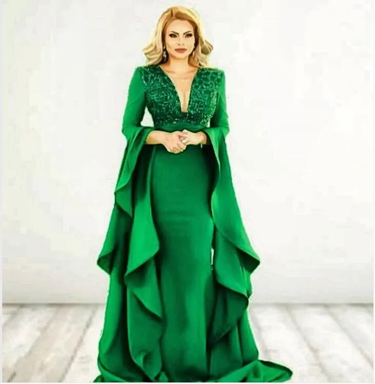 Arabia Saudita Verde Sirena Vestidos De Noche 2019 Llamarada Volantes De Mangas Largas De Encaje Con Cuentas De Largos Vestidos De Fiesta Vestido De Fiesta Elegante 2