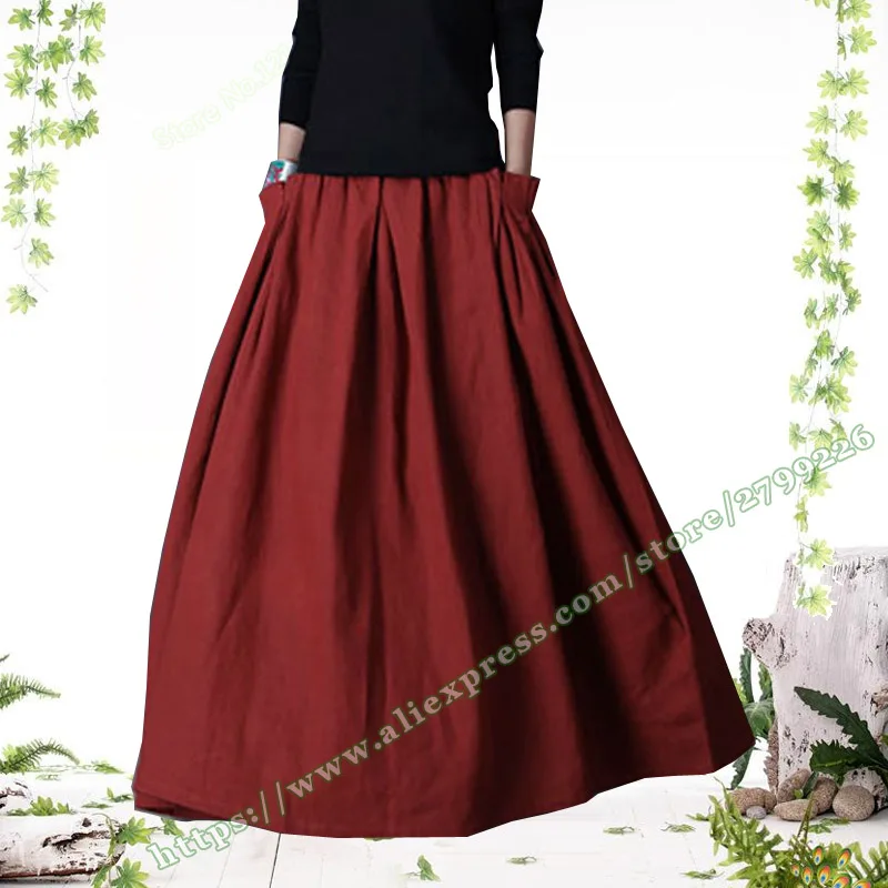 2019 Primavera Retro Casual Vintage Rojo Negro de Algodón y Ropa de Mujer Femenina Falda Plisada / faldas Largas de Mujer / Feminina Falda 2