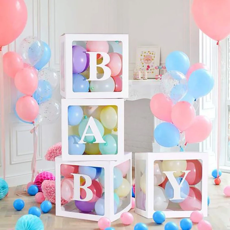 Transparente de la a a la Z Nombre de la letra de Caja de globos de Baby Shower Parte de la caja de regalo de la decoración Niño Niña género revea 1er 2o Primera Fiesta de Cumpleaños 2