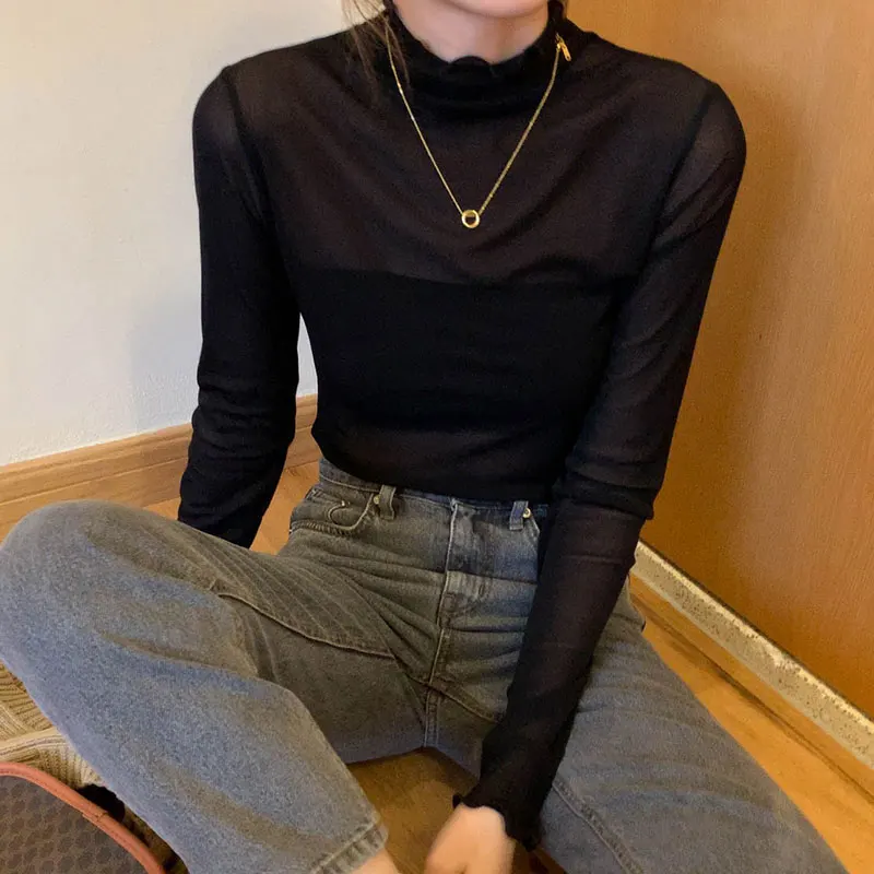 5 colores de otoño 2020 estilo coreano de color sólido de malla de Manga larga t-shirt de la Mujer básica Slim tops Casual Camisetas camiseta de femme (X1641) 2