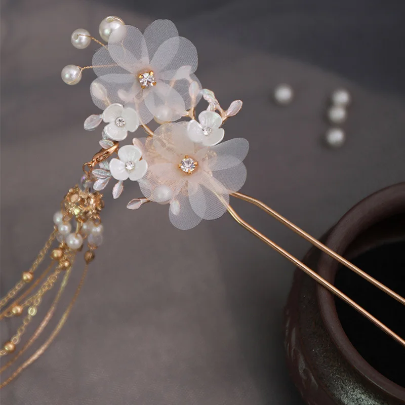 FORSEVEN Retro Tradicionales Flores de Cristal Perlas Simuladas Largo de la Borla Horquillas del Pelo Palo Clips de Novia de China de Accesorios para el Cabello 2