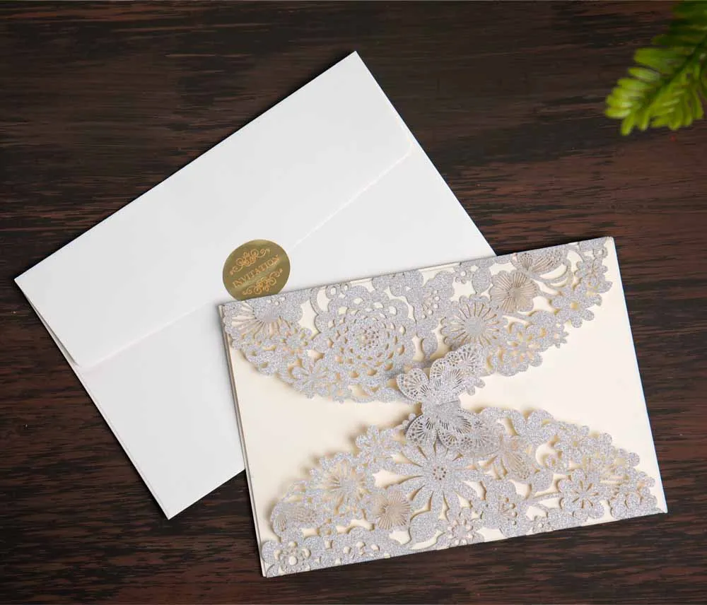 Wishmade Brillo de las Invitaciones de la Boda de Plata de Corte Láser de Tarjetas con la Mariposa de Encaje de Flores Diseños para Cumpleaños, Baby Shower 100pcs 2