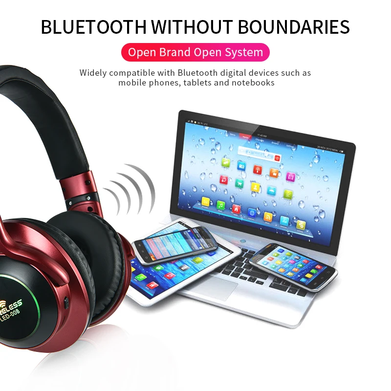 Caliente LED-008 auricular inalámbrico Bluetooth con micrófono de luz LED 3D stereo juego de la música de los auriculares soporta TF tarjeta de FM en el modo de audio de 3,5 mm jack 2
