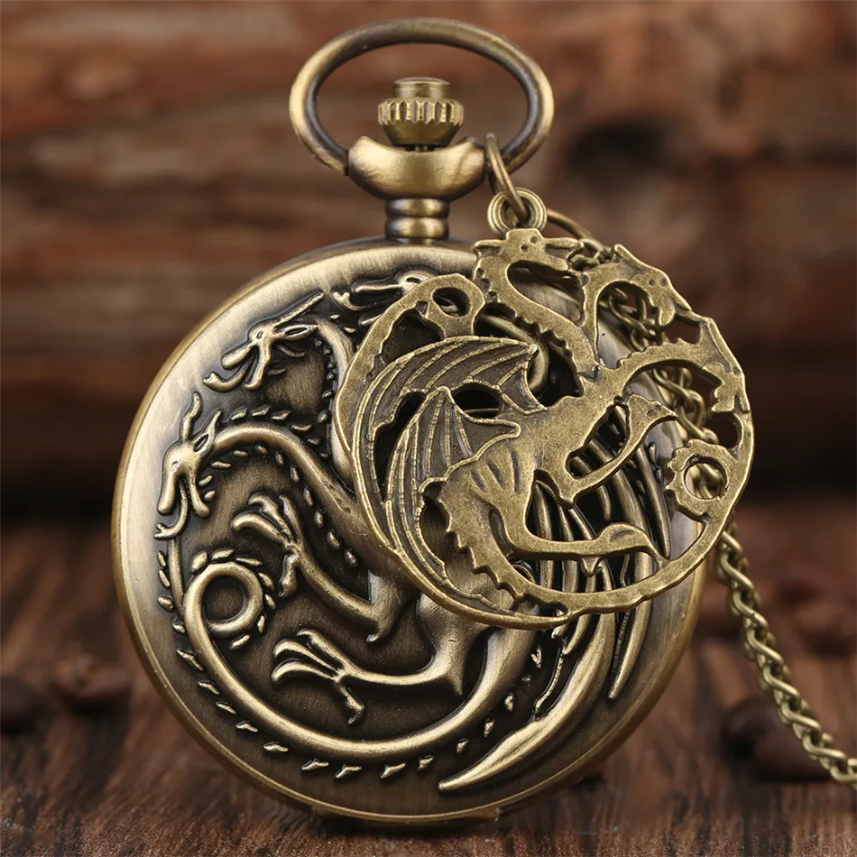 Dragón bronce Colgante Reloj de Bolsillo de Cuarzo Retro Collar de Reloj de Bolsillo con Suéter Cadena 2