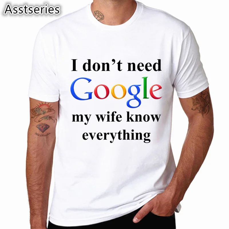 Los hombres de las Mujeres de Impresión no Necesito Google Mi Esposa Esposo Sabe Todo Divertida Camiseta de Manga Corta O-Cuello de curiosidades para los Amantes de la Camiseta 2