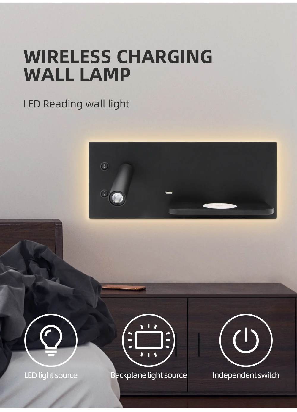 Hartisan Lámpara de Pared LED Con Interruptor Inalámbrico USB Recargable Luz de Pared de Dormitorio 350° Giratorio Spot Luz de la Noche la Iluminación de Interiores 2