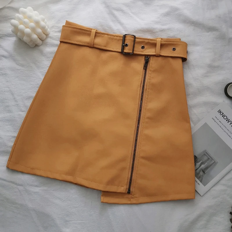 SHIJIA de Cuero de la PU de Una línea de Mini Falda 2019 Vintage Elegante Delgada de Alta Cintura de las Mujeres de Cuero de Imitación Faldas de los Cierres de Cremallera Irregular Femenino 2