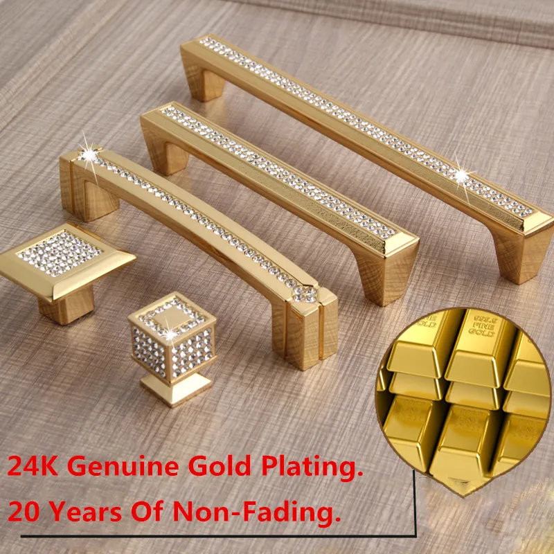 24K Oro Real o Chrome checa Cristal Cajón del Gabinete Perillas Armario de la Manija de la Puerta de los Muebles Pomos Tiradores 2