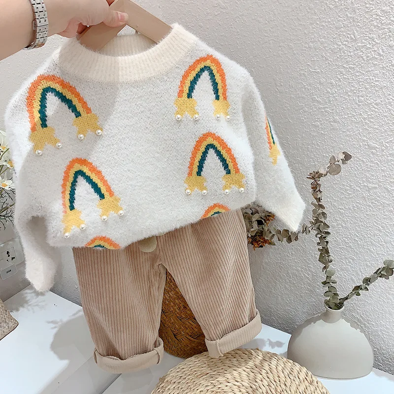 Los niños de bebé de niña de otoño invierno de manga larga de perlas de arco iris O-Cuello tops de la capa del suéter de niño niños ropa espesar suéter 3-8Y 2