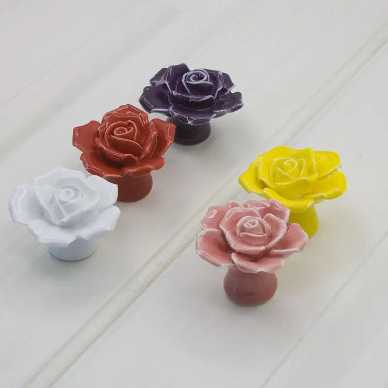 Rosa flor de cerámica de la manija de la mano moderno-una pizca de color del gabinete del cajón del gabinete manija de la puerta romántico de la manija 2