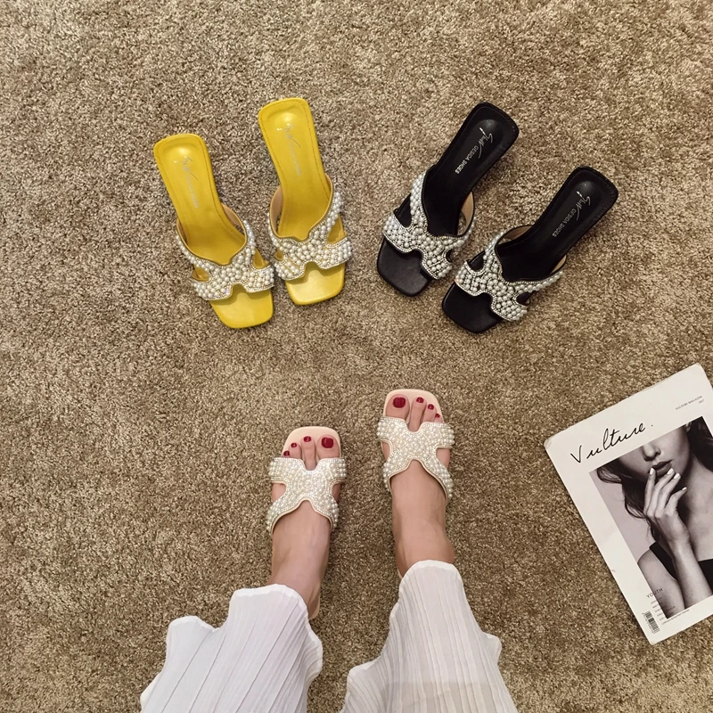 Zapatos de mujer Zapatillas Fuera de la Nueva Moda de Verano de Diamante Perla Brillante Aproximada de tacón Medio-Zapatos de tacón de 2019 2