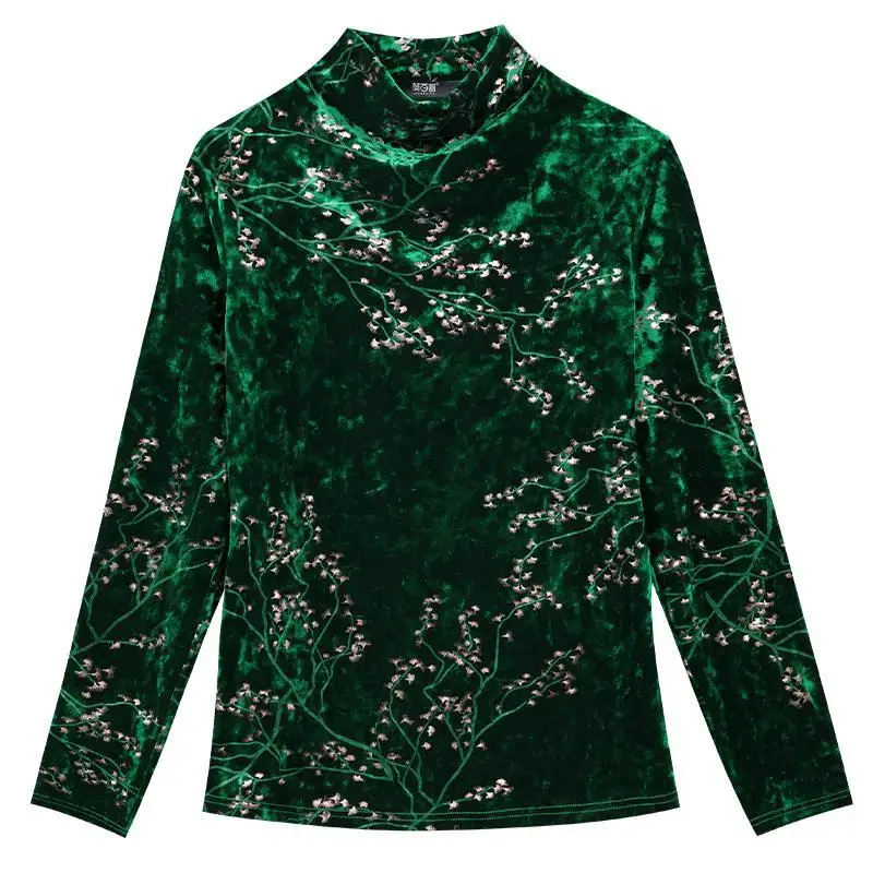 Blusa de Mujer Verde Pleuche parte Superior de las Mujeres del Otoño y el Invierno de la Impresión de Cuello alto de Manga Larga Blusas Ropa De Mujer 2