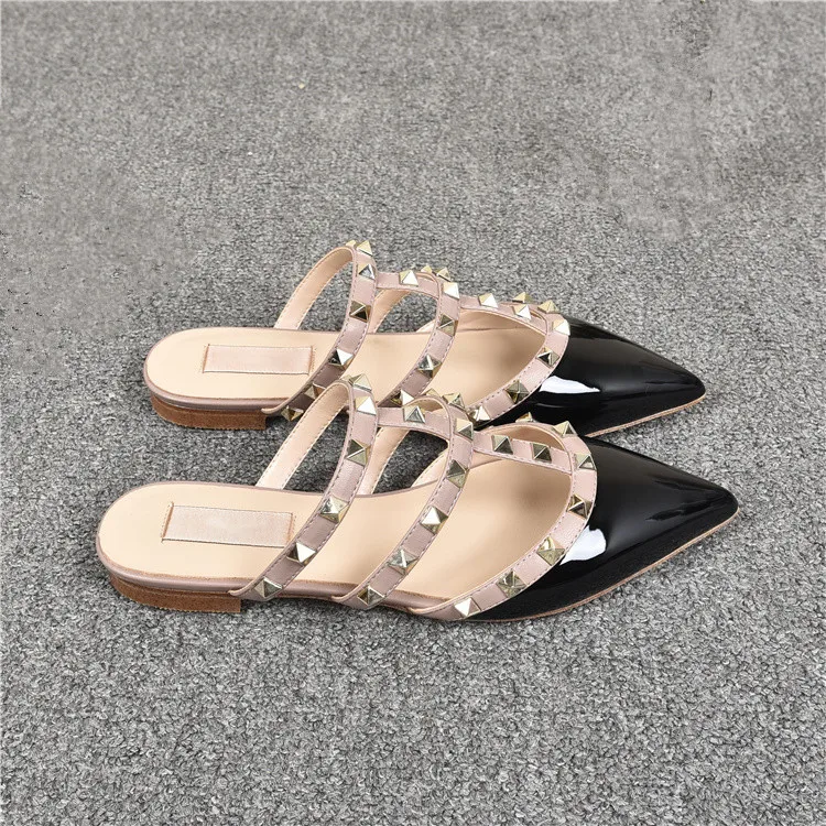 Nuevo de la Moda de 2020 Remache sandalias planas de vaca Real de cuero de las mujeres zapatos de mujer Japaned de Alta Calidad de cuero de zapatos de señora Tamaño 35-41 2