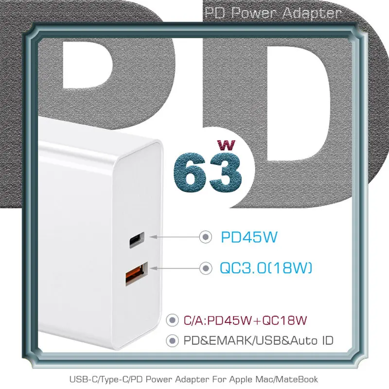 Doble Puerto 63W USB-C Cargador de Viaje PD 45W y QC3.0 18W de Carga Rápida Para Huawei p20/30 MacBook iPhone iPad Samsung s10+ 2