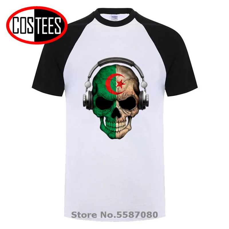 Oscuro Cráneo Deejay con Argelia Bandera de camiseta de los hombres de Argelia DJ Esqueleto de T-shirt Argelia Mapa de la camiseta Patriótica País Amante de la Camiseta 2