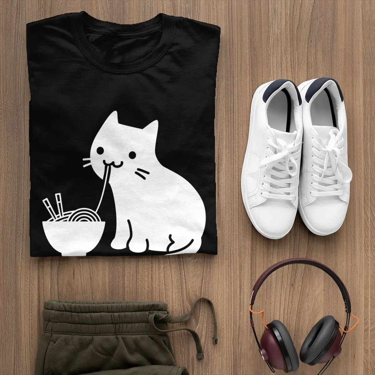 Japón Gato Camiseta Lindo Gato Comiendo Ramen T-Shirt Graphic Casual de la Camiseta de Algodón de la Diversión Masculina 3xl Camiseta 2