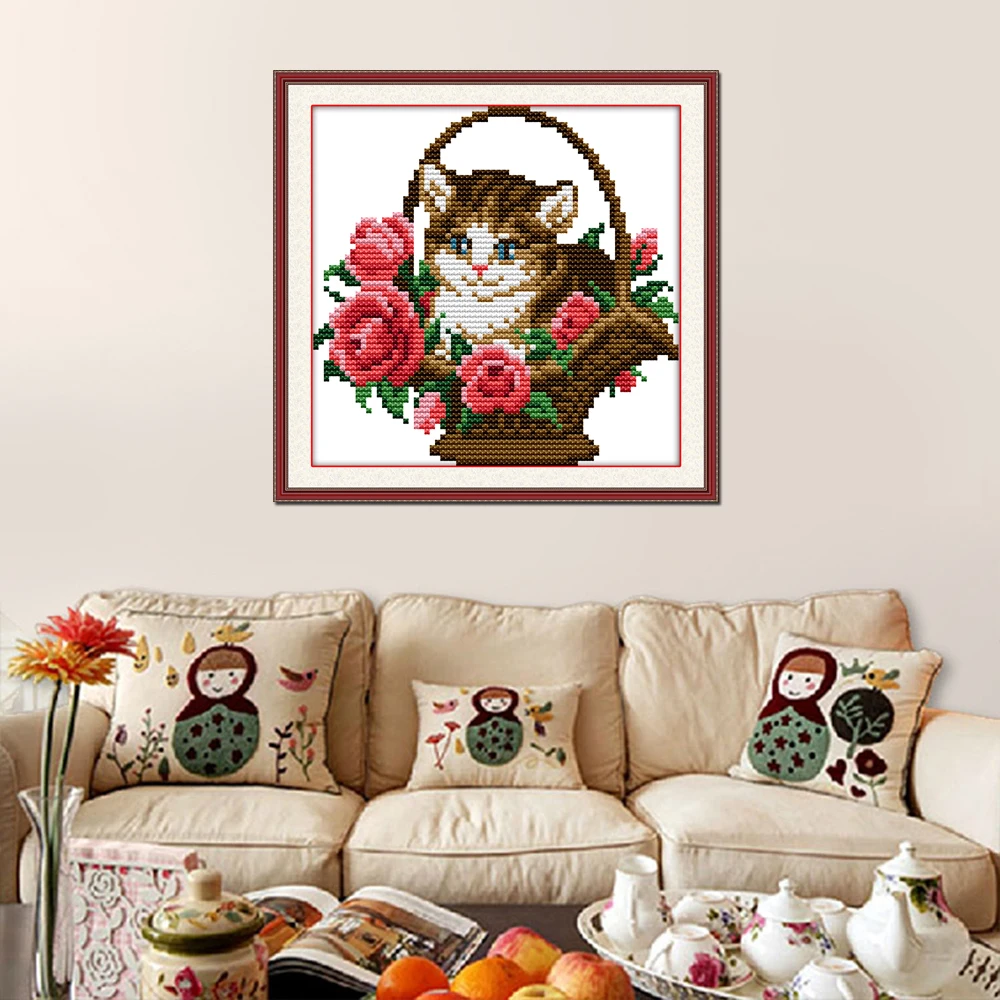 La alegría del domingo cesta de la Flor con el gato Contado Impreso en lienzo 11CT 14CT de punto de Cruz kit de costura Conjuntos de BRICOLAJE bordado 2