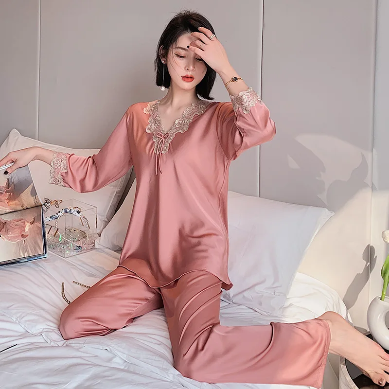 2PCS ropa de dormir de Lencería Íntima de las Mujeres del Satén de los Pijamas Traje de Verano Nuevos Pijamas Casual Albornoz de Seda Encaje Camisa y Pantalones Conjunto 2