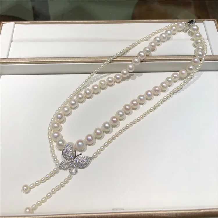 Anudado a mano natural 2rows blanco de agua dulce de la perla de la mariposa de los accesorios del collar de la joyería de la moda 2
