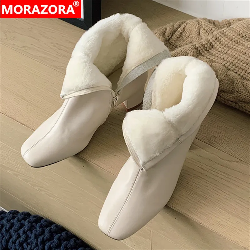 MORAZORA 2021 de la Nueva Llegada del Invierno Botas de Cuero Genuino Botas Gruesos Tacones de pies Cuadrados de Mantener Caliente las Mujeres Botas de Arroz Blanco 2